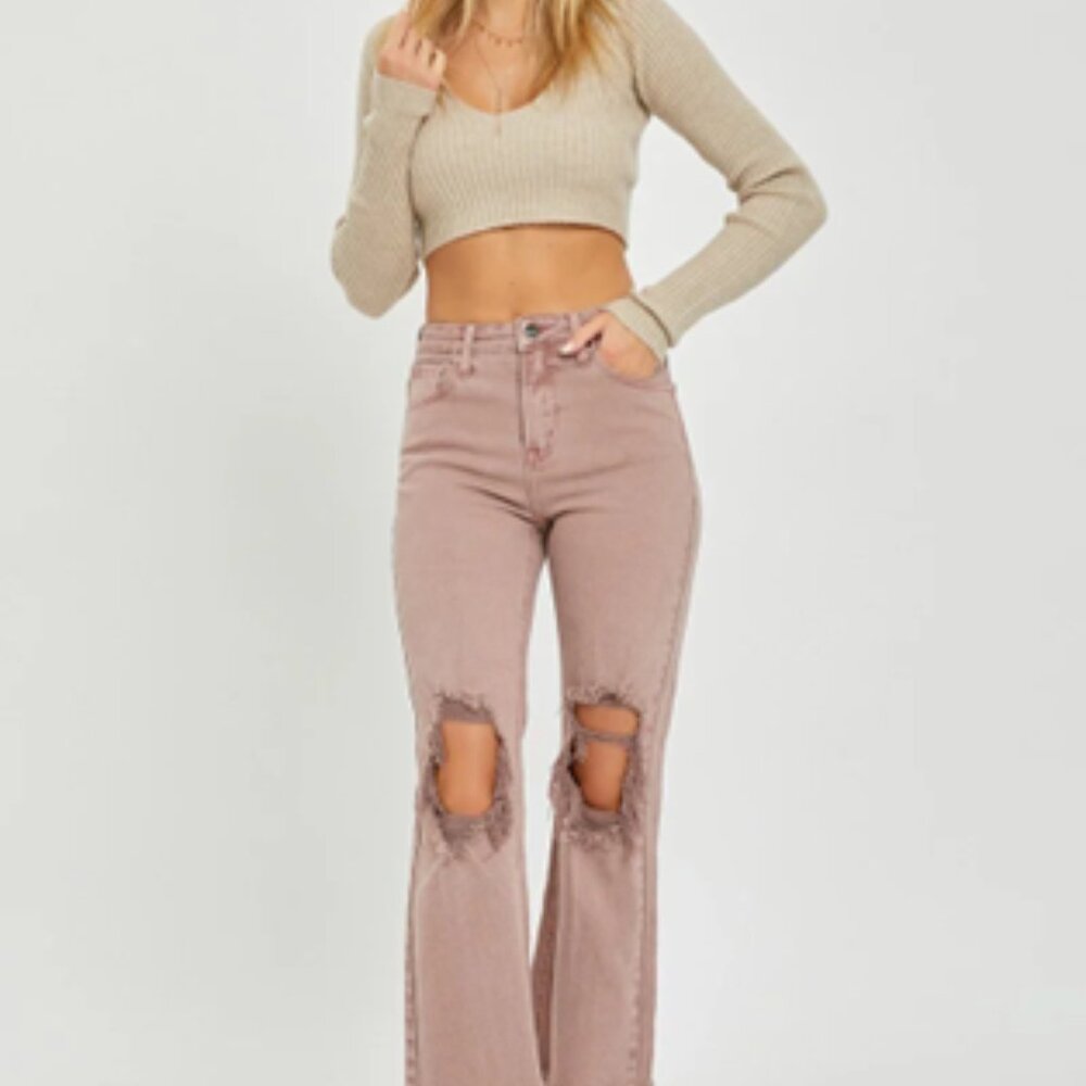 NWT Risen High Rise Distressed Straight Jeans in Mauve--13/31